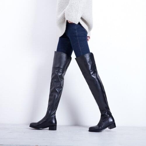 MEZEREON Over-The-Knee High Boots Leather+Stretch Ladies Shoes 3.5 CM Square Heel Modern Girls Footwear TPR Bottom New Arrive