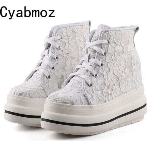 Women Lace Flowers Sneakers High Platform Casul Shoes Height Increasing 10CM Ladies Comfortable Thick Bottom Shoes Female