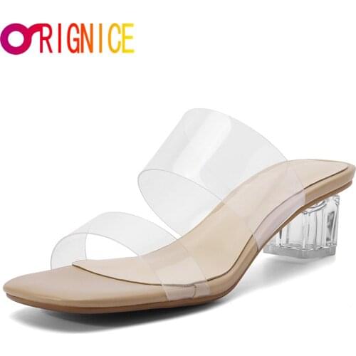 Orignice 2021 New Women PVC Sandals Slippers Casual Transparent High Heels Flip Flops Summer Square Toe Ladies Dress Shoes