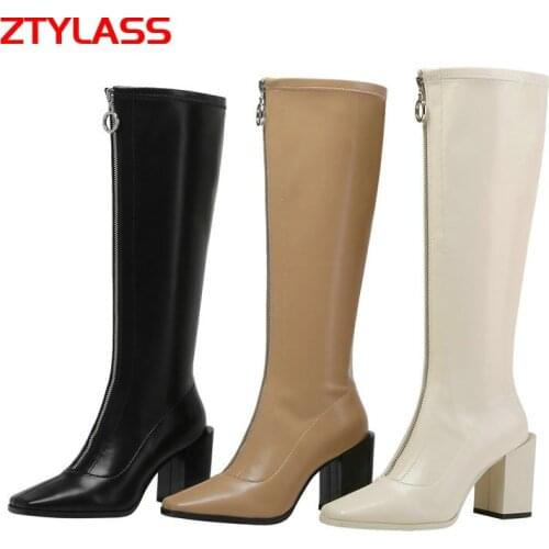 Women Genuine Leather Knee High Boots Fashion Zipper Square High Heel Long Boots Black Square Toe Autumn Winter WomenShoes