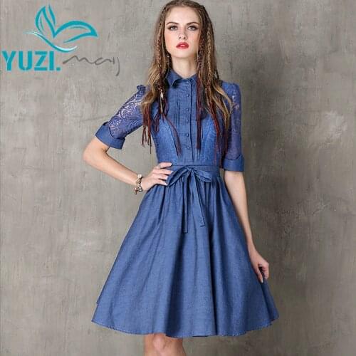 Women Summer Style Dress 2017 Denim Dresses Vintage Turn-down Collar Patchwork Belt A-line Vestido A8121 Vestidos Femininos