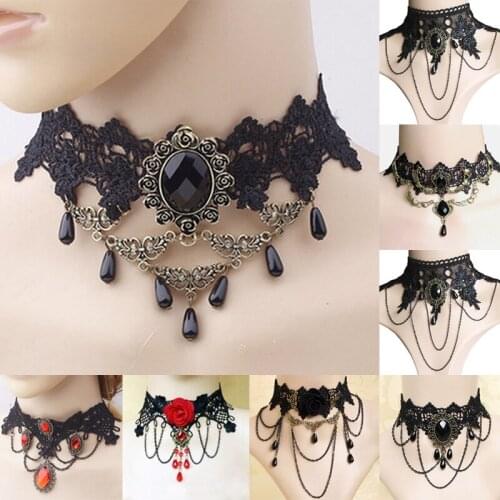 New Sexy Collares Gothic Chokers Rhinestone Black Lace Neck Choker Necklace For Women Vintage Lace Necklace Chocker Jewelry