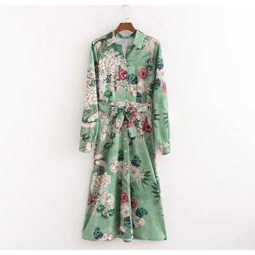 New Pop Women Floral Printed Dress With Belt Long Sleeves Midi Dress Vintage Elegant Lady Chic Long Woman Dresses