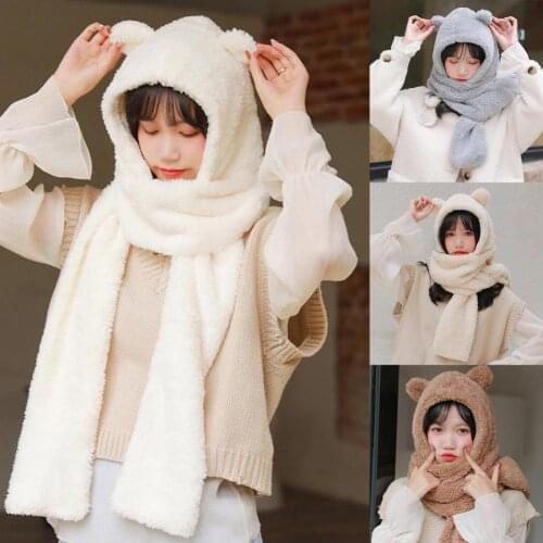 Winter Fashion Solid Color Cute Bear Ear Design Warm Plush Hat Cap Scarf Set