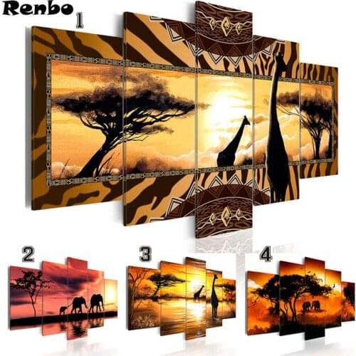 5D Mosaic Diamond embroidery African Animals Sunset Landscape Elephant Giraffe DIY square diamond Painting Cross Stitch 5 pcs