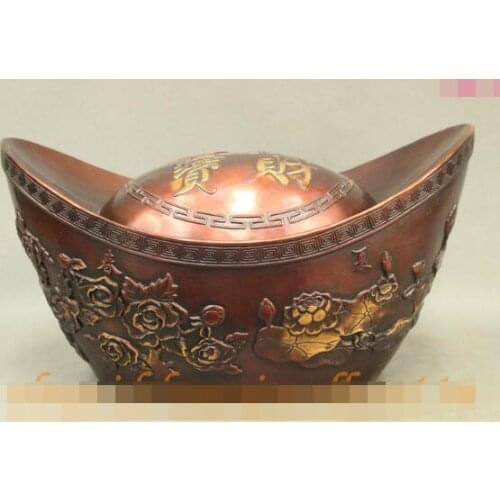 Free shipping S00176 14" Chinese Bronze Wealth Flowers Four Seasons Statue YuanBao Shape Saving Box