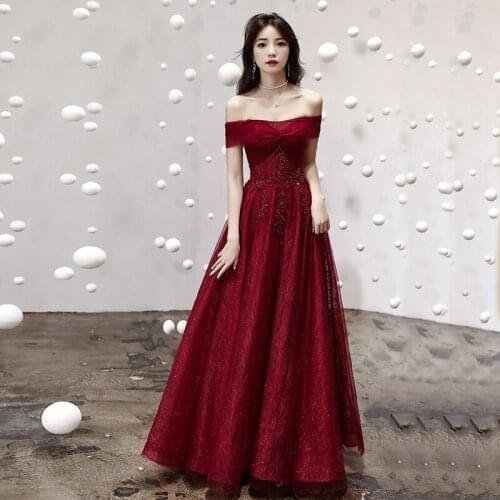 Burgundy Boat Neck Special Occasion Dresses Sequins Appliques A-Line Luxurious Floor-Length Lace Up Lady Formal Party Gown E1088