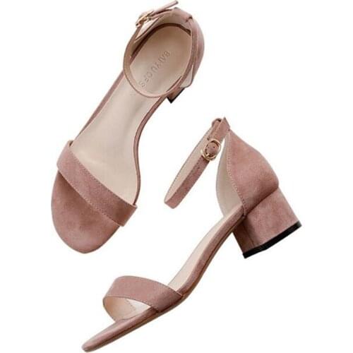 Women Sandals High Heel Gladiator Buckle Strap Fashion Shoes Flock 4CM Thick High Heels Round Toe Shallow women shoes size 35-42