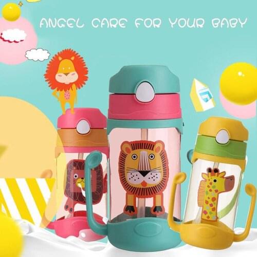 Portable Kids Drinking Bottle with Straw Lanyard Strap Cartoon Water Bottles BPA Free Children Sports Bottle with Handle Kettle