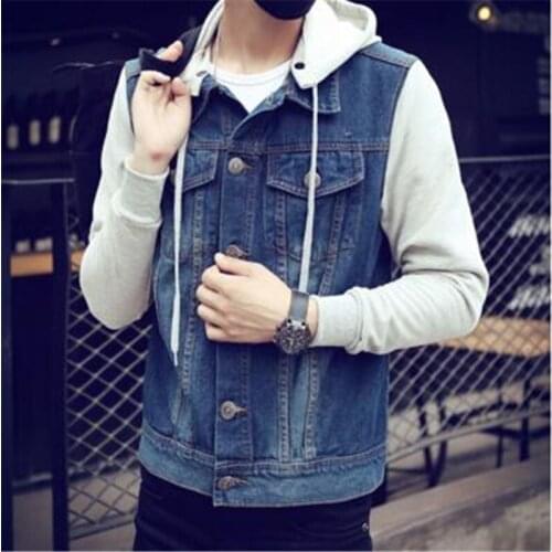 Denim hooded jacket men spring autumn fake two pieces patchwork jeans jackets men sportswear coat windbreaker jaqueta masculino
