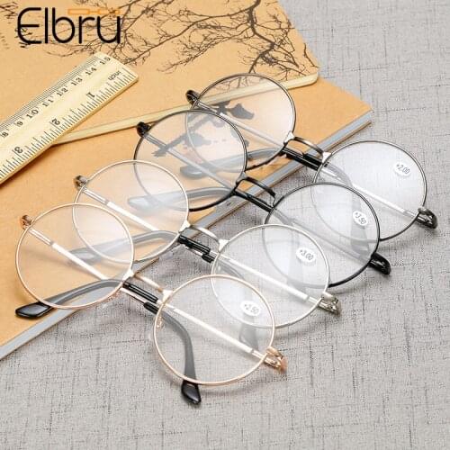 Elbru Fashion Vintage Retro Metal Frame Reading Glasses Clear Lens Round Eyeglasses Unisex Eyewear Women Men Diopters +1.0 +4.0