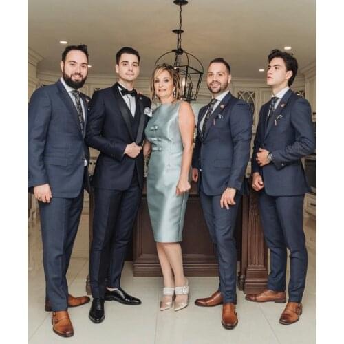 Elegant Short Blue Satin Mother of Bride Dresses Knee Length Zipper Back Pleated Abendkleider Robes de Soirée for Women