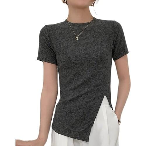Korean Style T Shirt Women Basic Solid Summer Tops 2021 New Cotton O-Neck Short Sleeve Slim Split Tee Shirt Femme Woman Tshirts