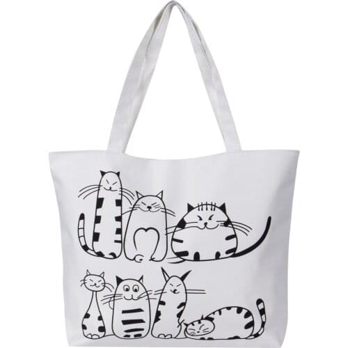 Women Canvas Handbag cartoon Cat Printed Shoulder bag Female Large Capacity Ladies Beach Bag Women Canvas Tote Shopping Handbags