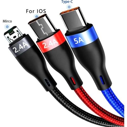 6A 3 In 1 USB Data Cable 1.2m USB A To Micro USB/Type C/8 Pin Phone Charger Kable 66W Fast Charging Cord For iPhone 12 11 Redmi