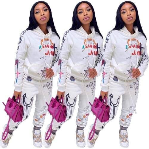 Echoine Autumn Winter print two picce set Letter Print Hooded Pants Set Warm Thick Sportwear Set