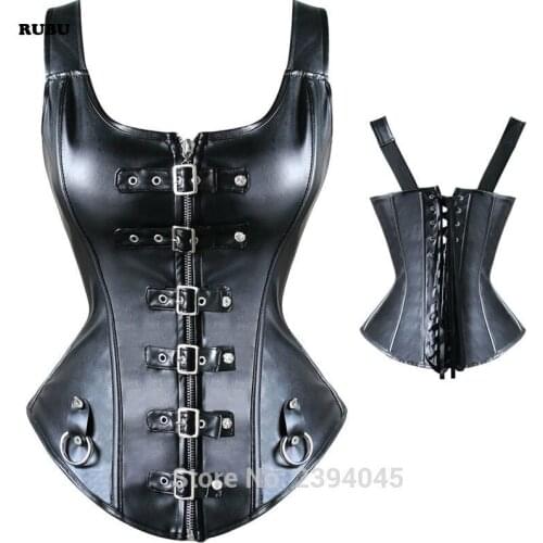Faux Leather Corselet Gothic Shoulder Strap Corset Steampunk Bustier Black Zipper&Buckle Back Lace-Up Design Corsets