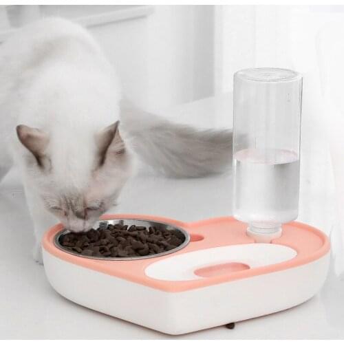 Cute Automatic Pet Feeder Dog Cat Food Bowl With Water Dispenser Double Bowl Drinking Raised Stand Dish Bowls with Pet Supplies