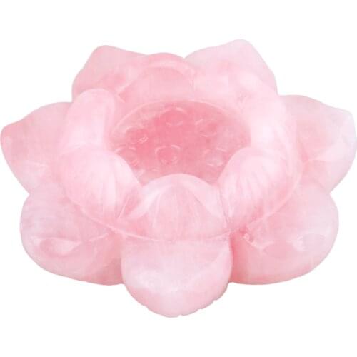 Natural Rose Quartz Carved Gemstone Lotus Flower Crystal Ball Stand Candle Holder