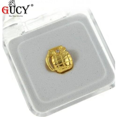 GUCY New Fit Gold Color Plated Hip Hop Single Grenade Tooth Grillz Cap Top Bottom Grill Gold Teeth Grills Caps.Gift