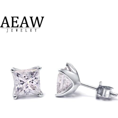 Solid real 14k White Gold 3.0CTW 1.5carat 6.5mm Princess Cut Moissanite Stud Earring Push Back