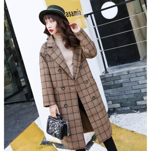 2019 Autumn Womens Woolen Plaid Coat New Fashion Long Woolen Coat Slim Winter Elegant Wool Jacket Female Casual Outerwear R929