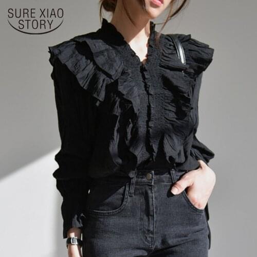 2020 Autumn Korean Loose Chic Ruffle Tops Sweet Pleated V-neck Puffed Sleeve Women Shirt Women Tops Blouse Chemisier Femme 10573