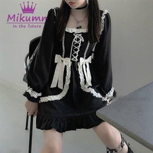 Gothic Lolita Dress Japanese Harajuku Girl Sweet Bow Lace-up Ruffles Patchwork Long Sleeve Vintage Mini Dress Kawaii Women Dress