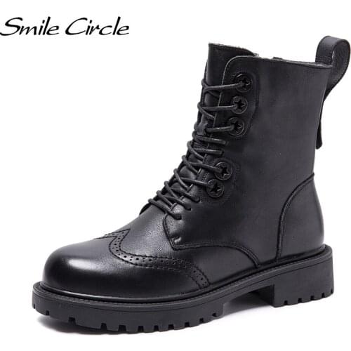 Smile Circle Short Boots Women 2021 Cow Leather Platform Motorcycle Boots Fashion Thick Bottom Round toe Casual Booties Ladies