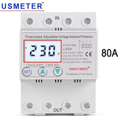NEW 50A 63A 80A 380V Three Phase Adjustble Voltage Ampere Protector Self Recovery Auto Reconnect Voltage Protection Relay