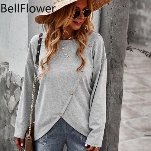 Autumn Solid Sweatshirt Women Casual Irrgular Button Long Sleeve Sweatshirts Clothing 2021 O-Neck Vintage Fashion Pullovers Tops