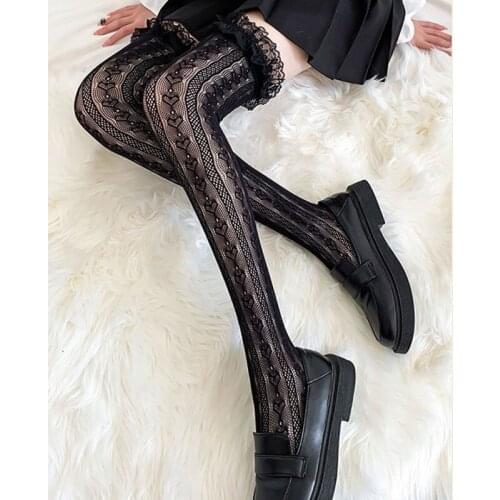 Love Pattern Ultra-thin Sexy Long Tube Lace Stockings Black Lolita High Tube Over-the-knee Socks Plus Size Thigh High Socks