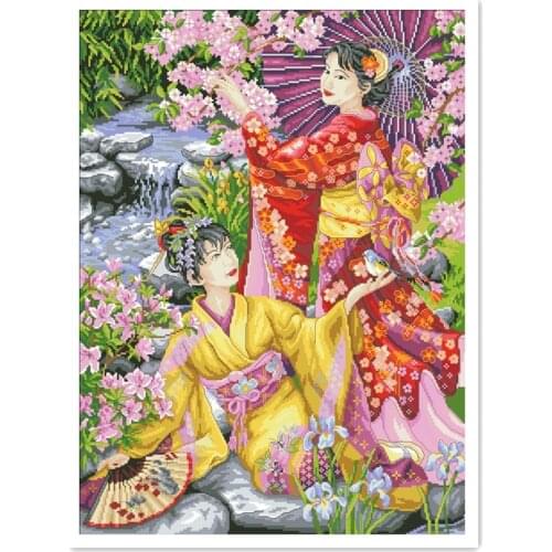 Japanese beauties cross stitch spring girls 18ct 14ct 11ct white fabric cotton thread embroidery DIY handmade needlework
