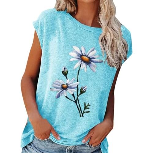 2021 Summer Tee Shirt Women Round Neck Short Sleeve Casual Flower Print Vintage Tops Pullover Female Elegant Streetwear T-shirts
