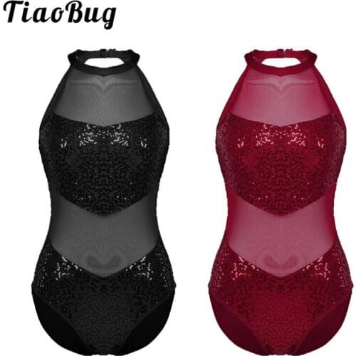 TiaoBug Women Shiny Sequined Ballet Leotard Halter Mesh Adult Gymnastics Leotard Professional Competition Stage Dance Costumes