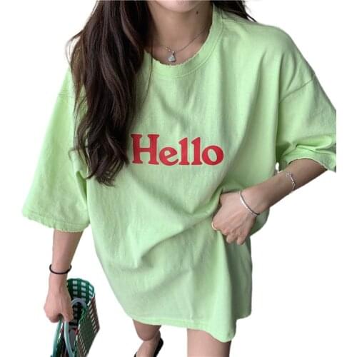 Houthion New Short-sleeved Women T-shirt Korean Loose Top Wash Cotton Comfortable Fashion Letter Printing Round Neck Tshirt