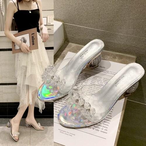 2020 Fashion Lady Slippers Personality Shaped Non-slip Transparent Rhinestones Sweet Temperament Elegant Gentle Slippers U24-14
