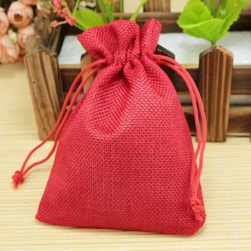 50pcs/lot 10*14cm Red Jute Bags Drawstring Burlap Gift Bag Incense Storage Linen Bag Wedding Jewelry Candy Gifts Packaging Bags