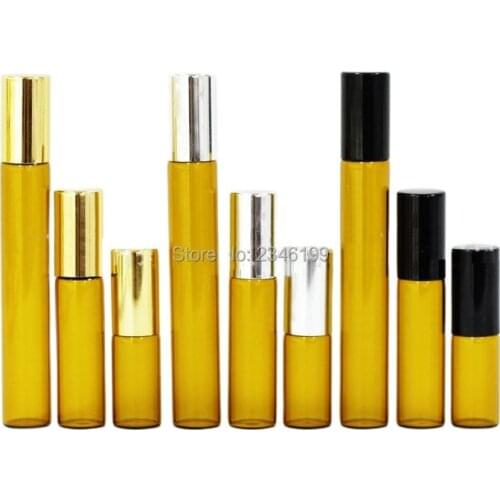 50 Pieces/lot, 3ML 5ML 10ML Glass Roll on Bottle Amber Aroma Essential Oil Packing Vial Brown Roller Bottle Gold Cap Steel Bead