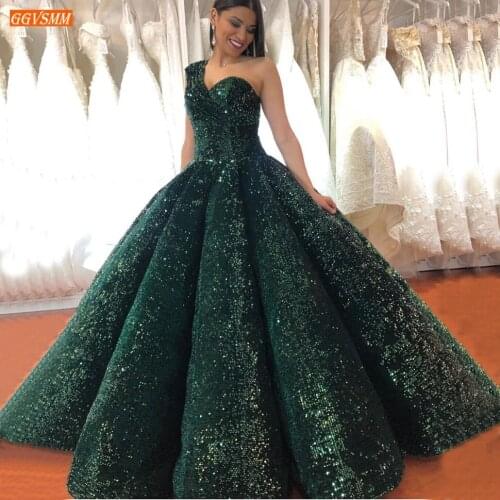 Sparkly Green Prom Gowns 2020 Lace Up One Shoulder Sequined Reflective Dresses Long Cvestidos De Fiesta Largos Elegantes De Gala
