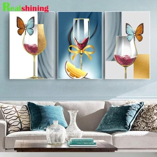 DIY Modern Triptych Full Diamond Painting Abstract Wine bottle butterfly Diamond Embroidery Home Decor 3 piece N1696