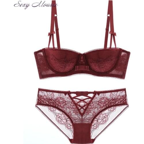 Sexy Mousse Lace Sexy 1/2 Half Cup Plus Size Bra Set Women Temptation Lingerie Underwear Push-up Plunge Bra Thong Panty