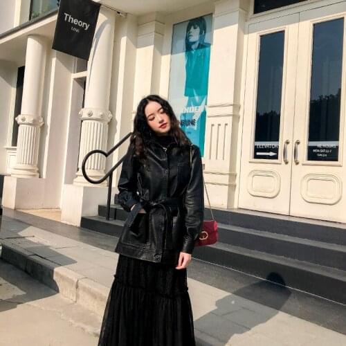 Spring Autumn Loose Design Big Pocket Mid-Long Belt Long Sleeve Women Lady Pu Leather Jacket
