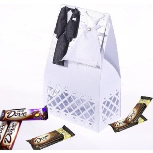 Wholesale Hot Sale White Beige Bride Groom Tuxedo Dress Gown Wedding Decoration Favors Candy Gift Box