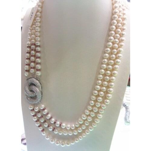 Wholesale 3rows natural AA 9-10mm white freshwater pearl necklace