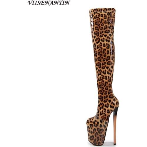 Patent Leather Leopard Print Stretch High Boots Super High Heel Platform Stiletto Side Zipper Sexy Over-the-knee Thigh Boots