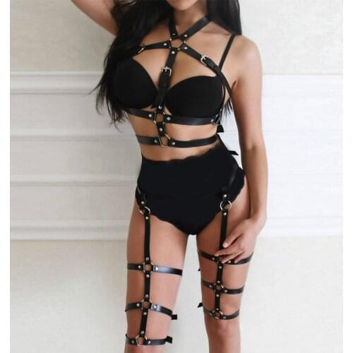 TRODEAM Leather Body Harness Sexy 2pcs Body Bondage Chest Harness Gothic Lingerie Erotic Bdsm Suspenders Leg Harness Garter Belt