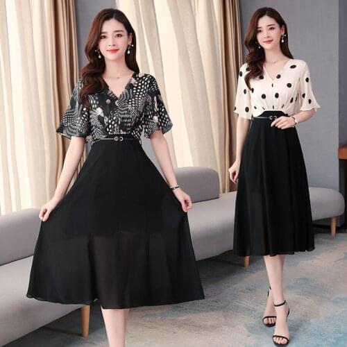 2021 Vintage Black Dot Print Chiffon Midi Dress Spring Summer Plus Size Print Runway Dress Elegant Women Bodycon Party Vestidos