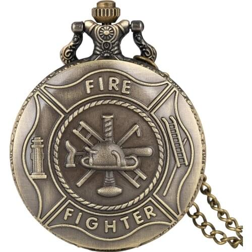 Vintage Fire Fighter Pocket Watch Mens Full Hunter Skeleton Hero Quartz Watches Bronze Case Necklace Chain Reloj Gift