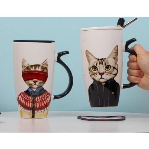 High Capacity Cat Pattern Ceramic Coffee Milk Mug Cup 2020 With Lid Spoon Straw Coaster Office Household Lovely Personality
